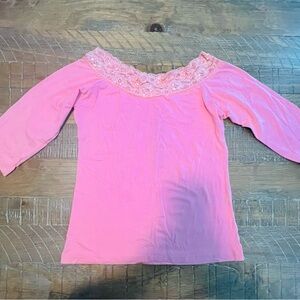 Pink Lace Trim Women's Blouse Size Medium Top